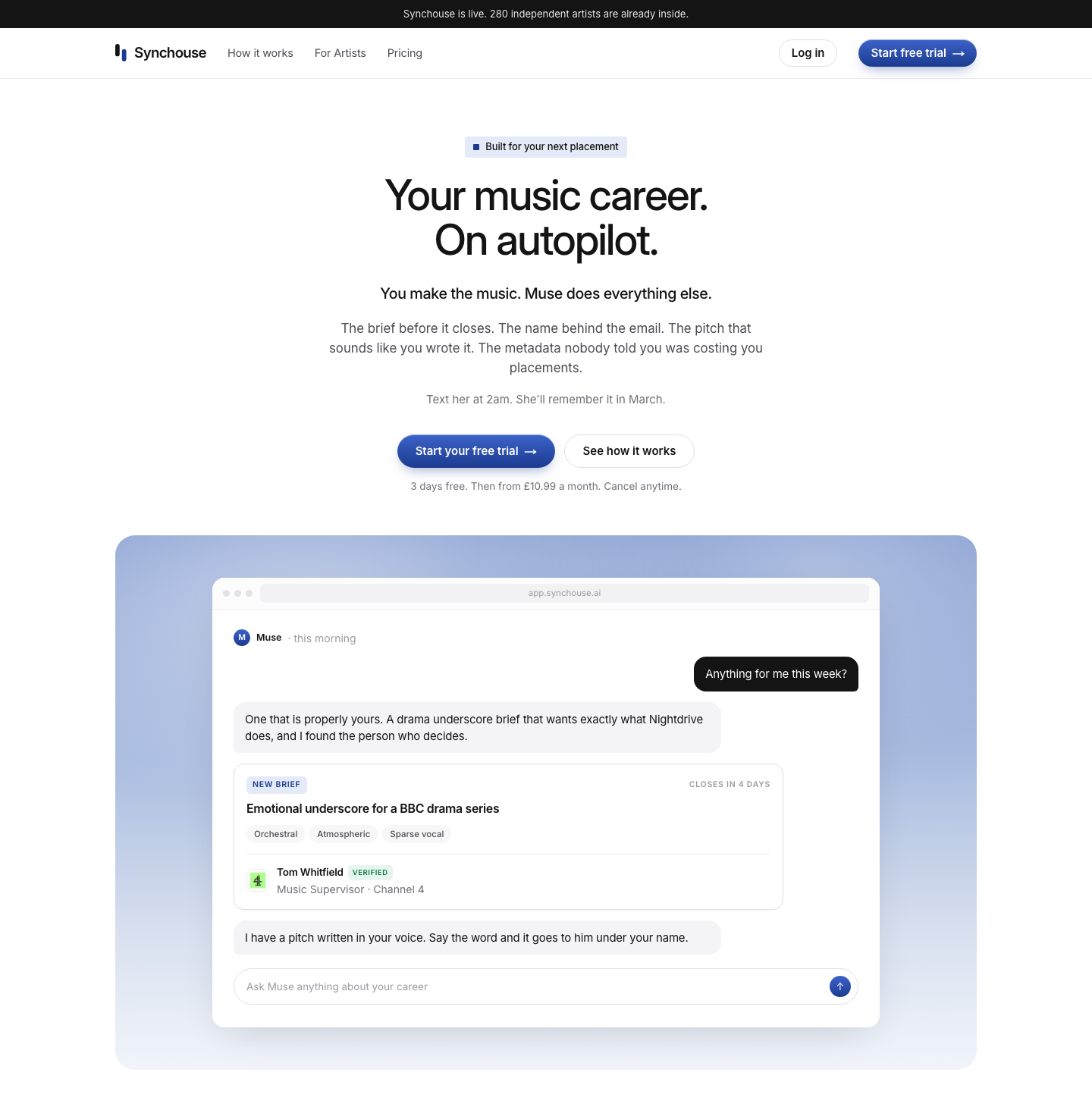 synchouse landing page - your music career. on autopilot.